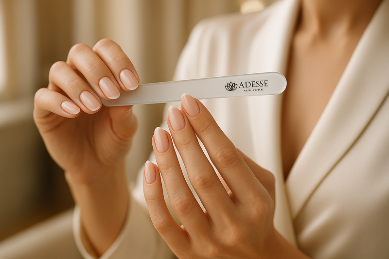 Woman filing her nails with Adesse New York glass nail file